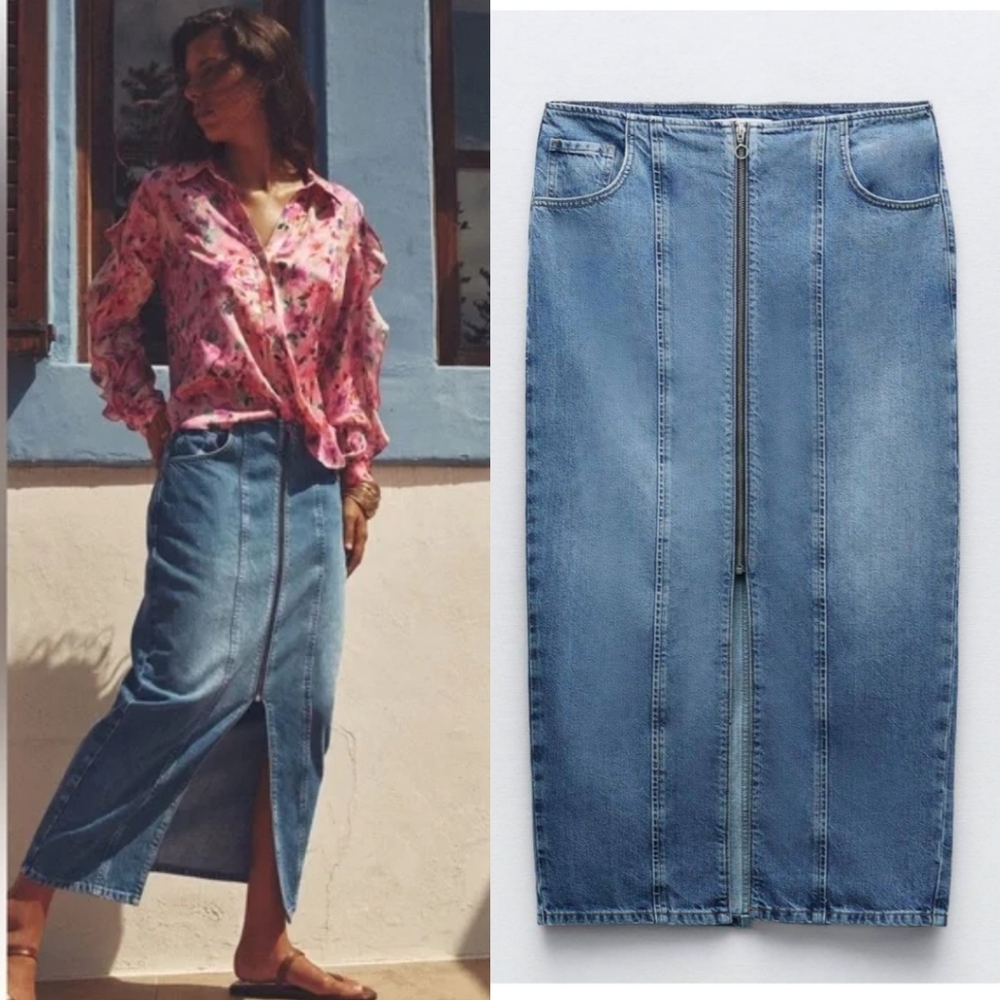 Zara Denim Skirt Front Zip Size M New With Tag